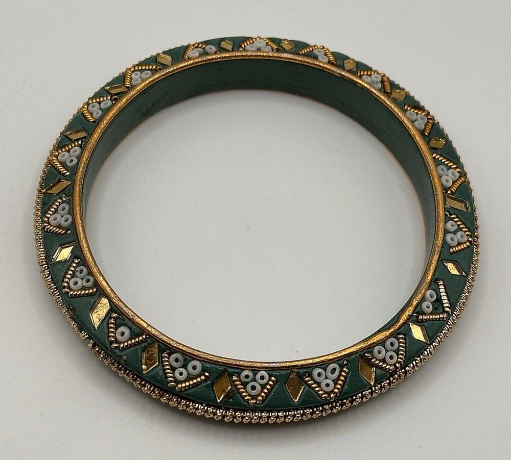 Green Gold Indian Bangle Bracelet Beaded Enamel Design